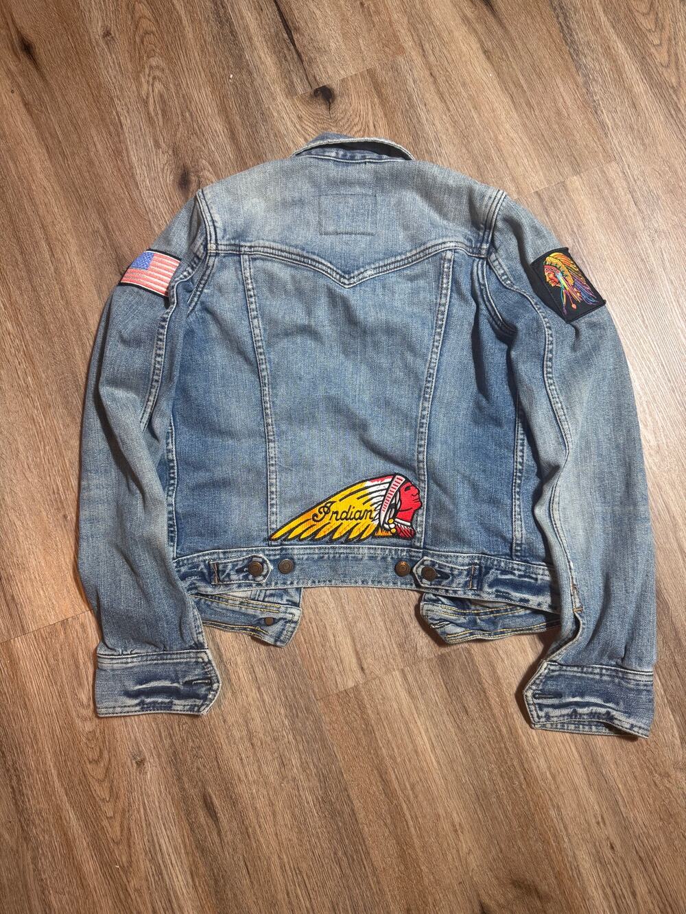 Vtg Abercrombie Fitch Indian Motorcycle Patch Denim Jacket Women S USA Flag Y2K